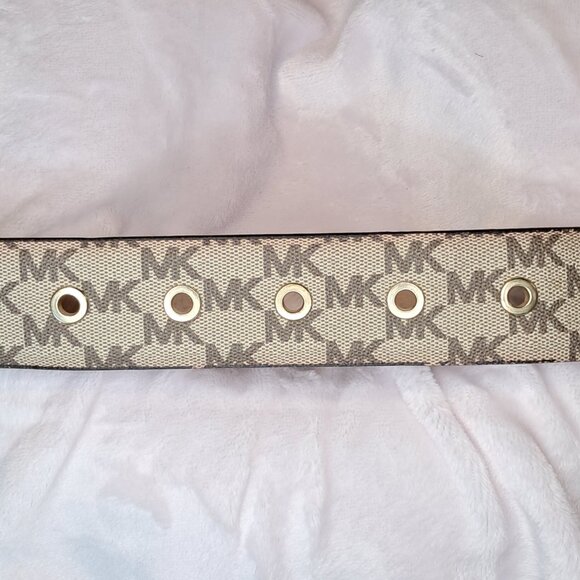 Michael Kors Womens MK Logo Print Tan Brown Belt Gold Buckle Size Small - Picture 11 of 11